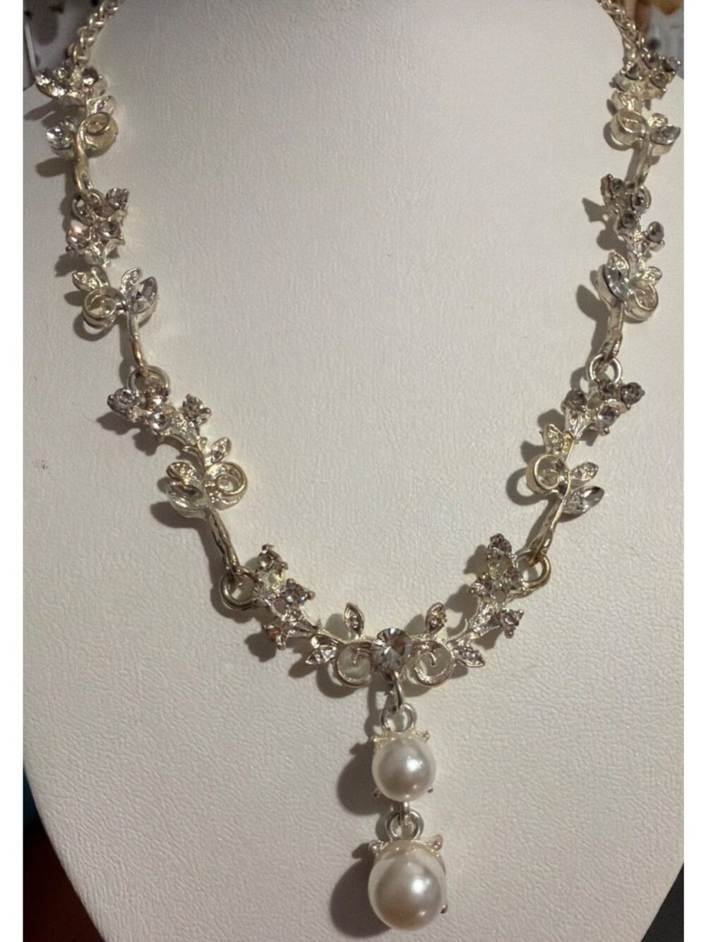 Floral Silver Tone Necklace Crystal Accents Faux Pearl Pendant Bridal Elegant